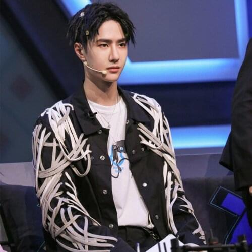 Men Jacket And Coats Celebrity Same Style Performance Costume Fried Hip-hop Black Drawstring Tie Star Singer Stage Clothing