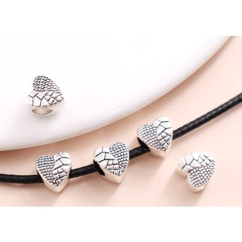 Vintage Silver heart big hole beads fit Pandora Charms diy European Bracelets Jewelry Making 60pcs/lot