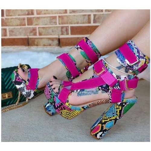 Sexy Women Multi-Snakeskin Chunky Heel Platform Ankle Buckle Strap Sandals High Top Fuchsia Python Patchwork Dress Sandals Lady