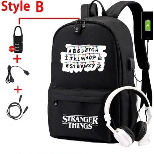 Stranger Things USB Backpack School Bags Fans Travel Bags Laptop Chain Backpack Headphone USB Port Travel Bag Anti-theft Mochila