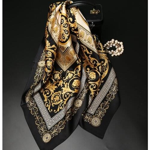 Women Silk Scarf Luxury Brand 90*90cm Crepe 100% Real Silk Scarf Sqaure Lady Soft Printed Head Hijab Femme Natural Fashion Scarf