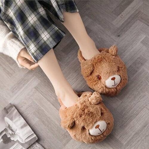 Suihyung Funny Animal Plush Slippers Women Winter Home Indoor Shoes Furry Cartoon Bear Slides Non-slip House Slip On Flip Flops