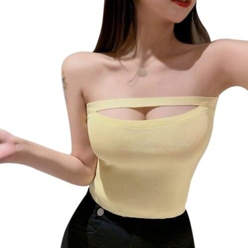 Hole Cropped Shirt Women Solid Ruffles Sexy Slim Exposed Navel Knitted Crop Top Elastic Slim Women Knitted Tube Top