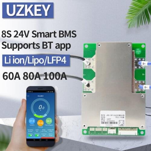 Bms 8s lifepo4 smart bluetooth 60a 80a 100a common port 24v lifepo4 29V Li-ion balance separate port for e-bike escooter pcm