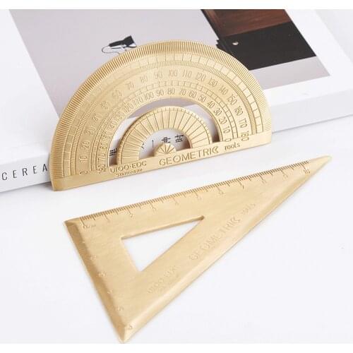 Vintage Brass Geomitric Ruler Golden Retro Semicircle Protractor Triangle Ruler Protractor School Kids Gift Set Measure Tools