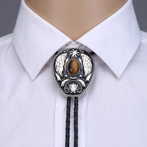 Vintage western leaf tiger eye stone bolo tie for man handmakde Indian cowboy western cowgirl leather rope zinc alloy necktie