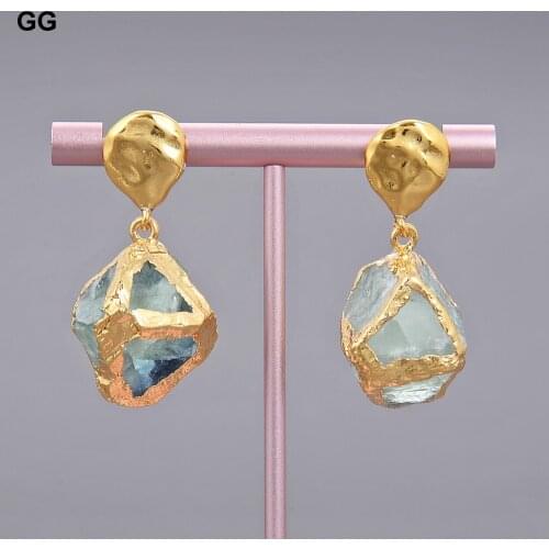 GuaiGuai Jewelry Natural Green Gems Flourite Nugget Gold Color Plated Earrings