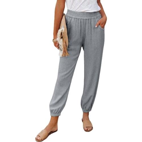 2021 Summer Fashion Women High Waist Stretch Pocket Solid Ankle Length Pants Casual Loose Trousers WDC6876