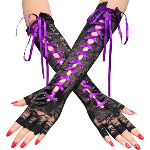 Women Lace Gloves Fishing Fashion Nitrile Emo Motorcycle Fingerless Gloves Mittens Womens Winter Tie Long Half Finger Prom