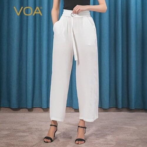 VOA16m/m Silk Crepe De Chine Black and White Elastic Ribbon Design Xie Cha Pocket Wild Straight Trousers K037 Pants for Women