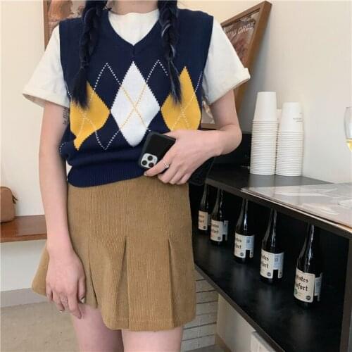 Retro Y2k Argyle Knitted Sweater Vest Womens Summer 2021 Fashion Preppy Style V-neck Loose Pullovers Crop Top Streetwear