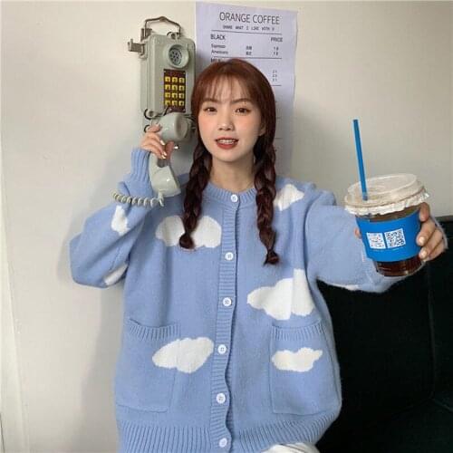 Frity Korean Blue Sky White Cloud Knitted Cardigan Female Autumn And Winter Loose Round Neck Student Sweater Coat