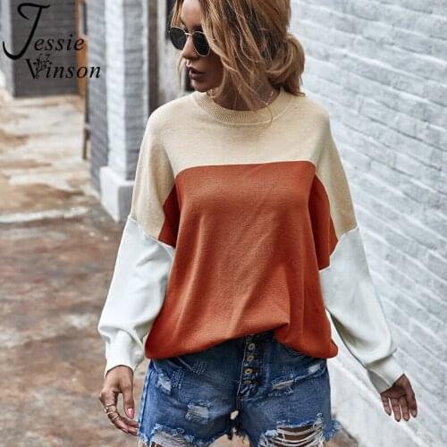 Jessie Vinson Casual Loose Patchwork Womens Sweaters Crew Neck Pullover Sweater Autumn Winter Knitted Sweater Knitwear Female