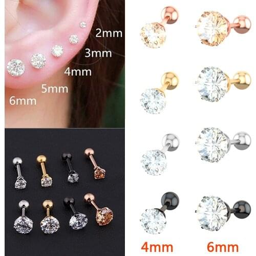 1PC/2PCS 3/4/5/6mm Ear Studs Cartilage Medical titanium Helix Piercing Tragus zircon Boys Girls Earrings DIY Party Body Jewelry
