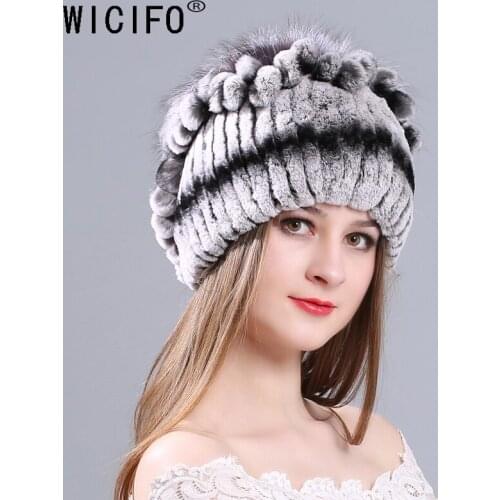 2019 Womens Genuine Rex Rabbit Fur Hat Winter Rex Rabbit Fur Beanies Hat Striped Warm Elastic Knited Real Rex Rabbit Fur Cap