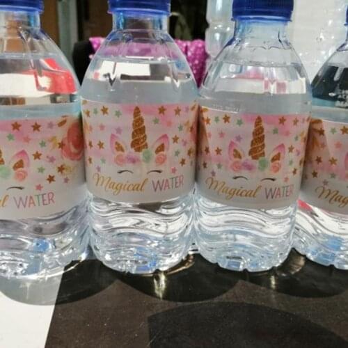 24pcs Rainbow Unicorn Bottle Stickers Happy Birthday Kids Favors Unicorn Water Bottle Sticker Baby Shower 1st Birthday Party