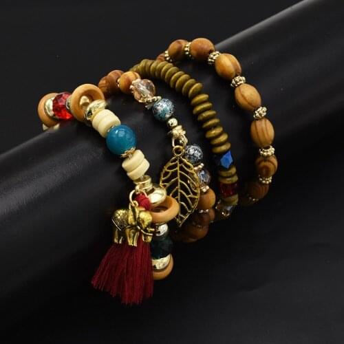 4 Colors Turkish Vintage Wristband Wooden Beads Bracelet Indian Ethnic Tribal Charming Bracelets Cuff Multi layer