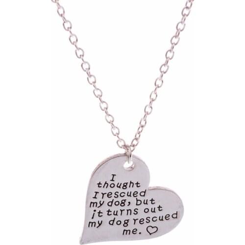 Bespmosp 24PCS/Lot Wholesale"I Thought I Rescued My Dog But It Turns Out My Dog Rescued Me"Charm Heart Pendant Necklace Pet Paw