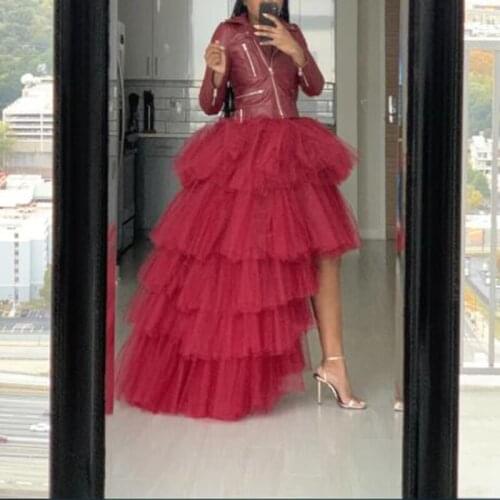 Burgundy High Low Tulle Skirts 2020 Fashion Custom Made Long Chic Tiered Tulle Long Skirt Women To Party Female Maxi Puffy Skirt