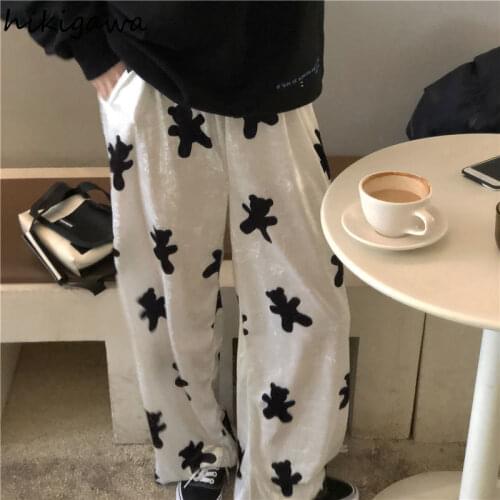 Hikigawa Fashion Joggers Women Bear Print Wide Leg Pants 2021 New Bottoms High Waist Straight Casual Trousers Korean Pantalon