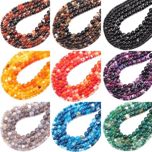 15" Strand Natural Stone Striped Agates Round Beads 4 6 8 10 12MM Pick Size For Jewelry Making Loose Beads Diy