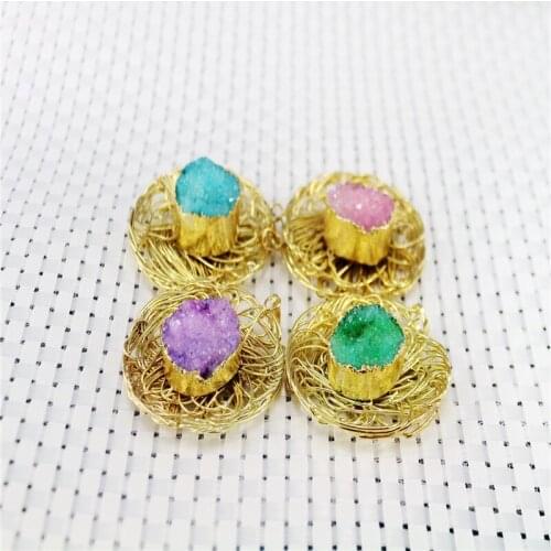 Druzy Jewelry trendy Fashion flower ironstone Pendants green Crystalfang kolye for Women gold-Color nice Vintage Free Shipping