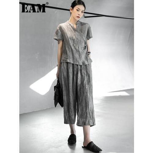 [EAM] Wide Leg Linen Pants Two Piece Suit New V-Neck Short Sleeve Gray Loose Fit Women Fashion Tide Spring Summer 2021 1DD7716