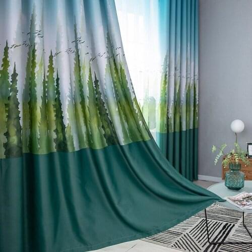 European Blackout Curtains Green Cedar Printed Window Curtains Gray Curtain for Bedroom and Living Room
