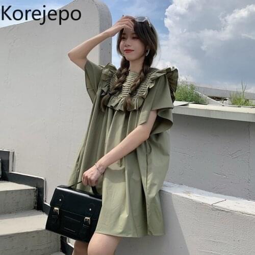 Korejepo Women Dress 2021 Summer New French Retro Sweet Ruffles Green O-neck Short Sleeve Loose Waist Doll Short Dresses Female