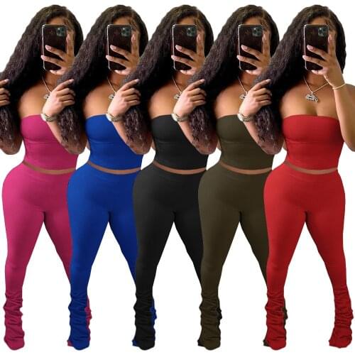 Sexy Strapless 2 Pieces Stacked Pants Sets Women off Shoulder Tube Crop Top and Long Skinny Pants Summer Tracksuit Matching Set