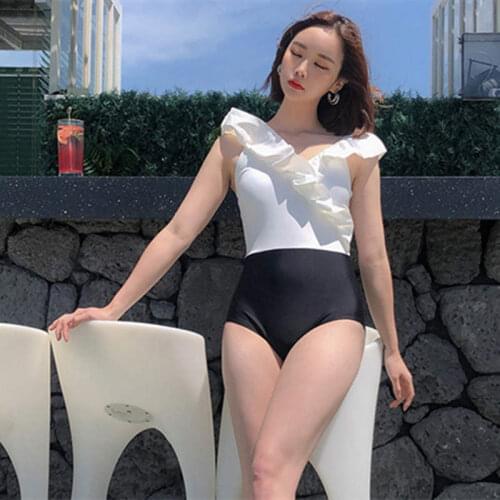 Korean Cute Ruffled V-Neck Simple Steel Support Gathered In Contrast Stitching High Waist Backless Swimsuit Female Hot Spring