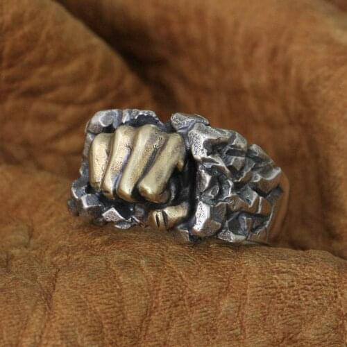 LINSION 925 Sterling Silver Powerful Fist Breaking Stone Mens Punk Ring TA77B US Size 7~15