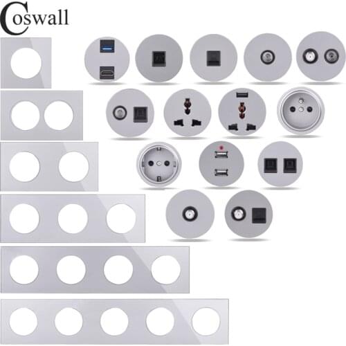COSWALL R11 Grey Glass Panel Wall Switch EU French Socket USB Charger Female TV RJ45 CAT6 Modules DIY Free Combination