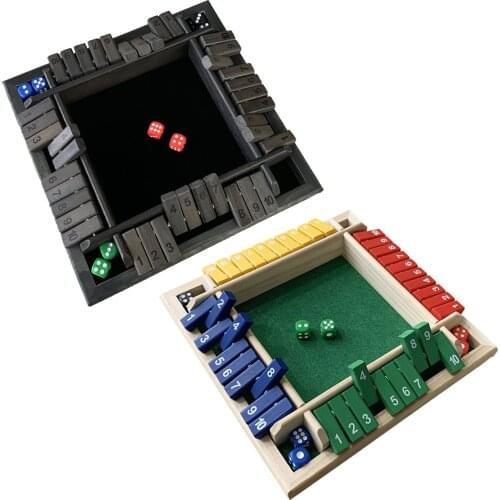 Shut The Box Dice Board Game 4 Sided 10 Number Wooden Flaps & Dices Game Set for 4 People Pub Bar Party Supplies