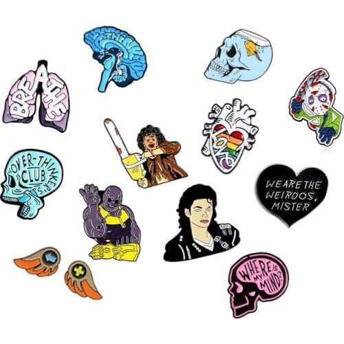 New skull organs Enamel Brooch Heart lung brain Lapel Pin film lead singer Michael Jackson Night King Angel wings Punk Badge