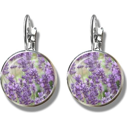 New French Earrings Beautiful Purple Lavender Flowers and Plants Glass Cabochon Dome Earrings for Women Girls Gift