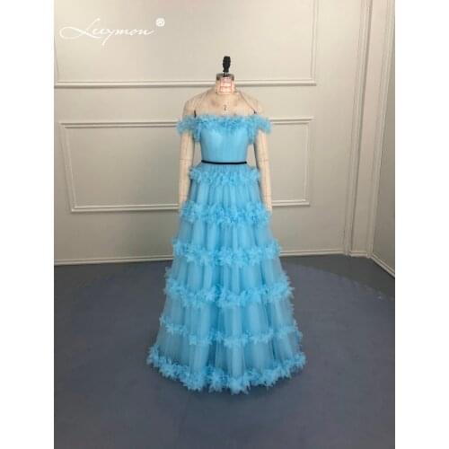 Leeymon Blue Tulle A Line Evening Dress off Shoulder Flowers Bare Back robe de soiree2020 Elegant Vestido De Noche