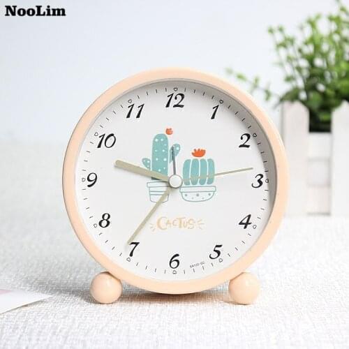 NOOLIM Nordic Cartoon Cactus Alarm Clock Creative Simple Student Bedside Mute Round Clock Cute Bedroom Tabletop Decoration