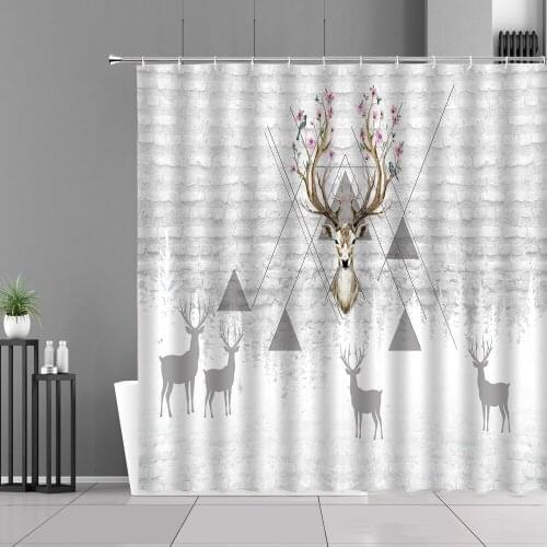 Elk Shower Curtain Northern Europe Modern Geometry Deer Pattern Grey Wall Tiles Texture Background Home Bath Decor Curtains