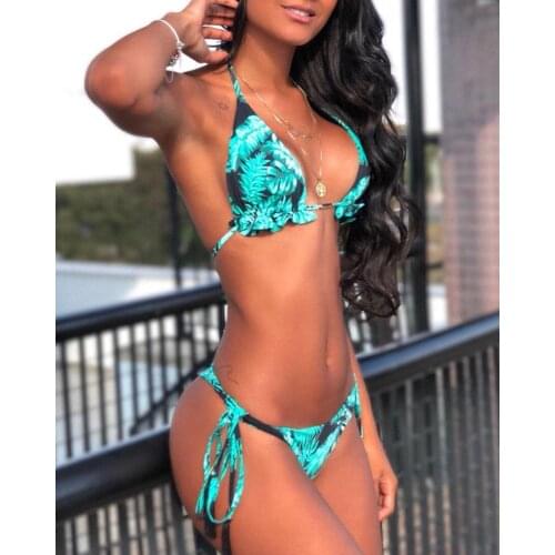 2020 Women Fashion Elegant Sexy Green Leaf Print Low Cut Swimsuits Woman Bikini Spaghetti Strap Halter Tropical Print Bikini Set
