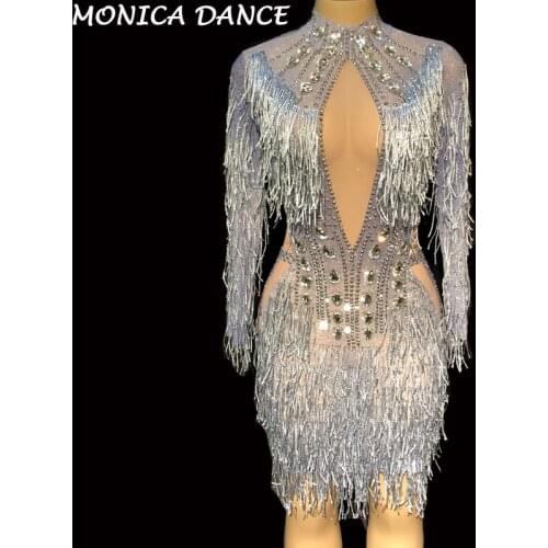 Women Sexy Net Yarn Short Dress Silver Tassel Sparkling Crystals Nightclub Stage Birthday Wedding Party Performance Costumes