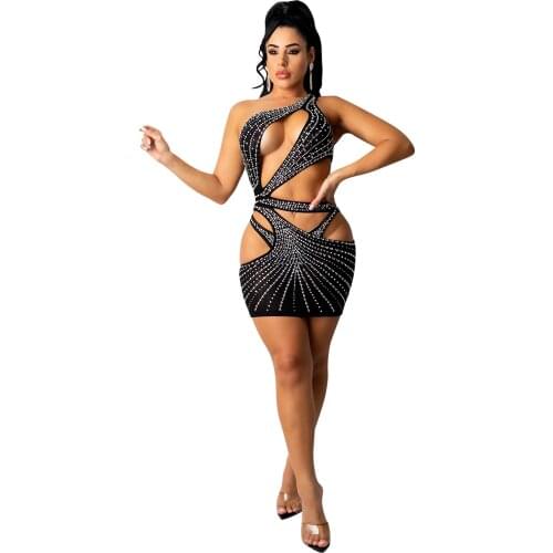 Cutubly Diamonds Print Sexy Bodycon Dress Party Night One Shoulder Fashion Club Dresses For Women Hollow Out Summer Vestidos
