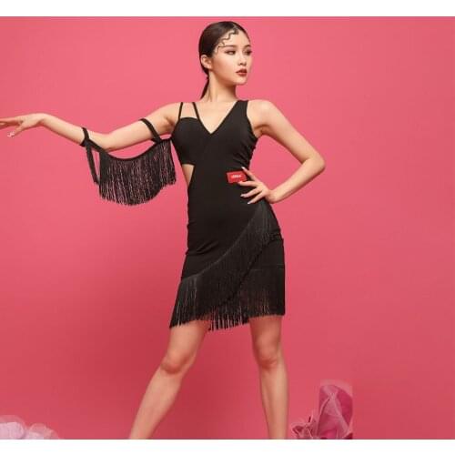 2021 New L9739 Female Latin Dance Dress Women Striped Tassel Arm Wing Belly Dancing Modern Dance Dress Performance Cloth