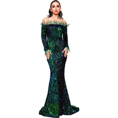 Womens Sexy Strapless Feather Long Sleeve Sequined Floor Length Evening Maxi Reflective Dress Skinny High Waist Line 2021