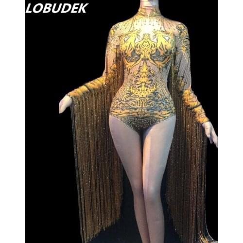Red Gold Long Tassel Sleeve Rhinestones Bodysuit Sexy Crystals Leotard Catsuits Team Jazz Singer Dancer Nightclub Stage Costume