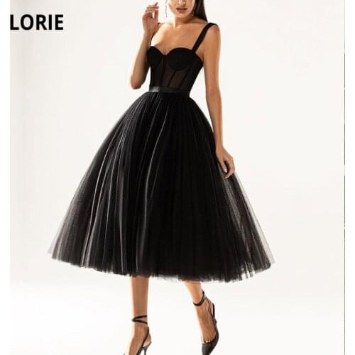LORIE Black Prom Dresses Spaghetti Strap A-Line Tulle Tea Length New Fashion Short Evening Wedding Party Gown for Graduation
