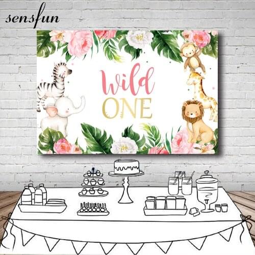 Sensfun Animal Wild One Jungle Birthday Party Background Pink Flower Green Leaves Newborn Baby Shower Photography Backdrop