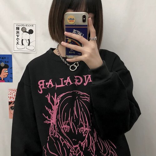 Kawaii Hoodies Women Harajuku Style Anime Black Top Loose Plus Velvet Thick Pullover Hoodies Trend Hoody Women Streetwear Tops