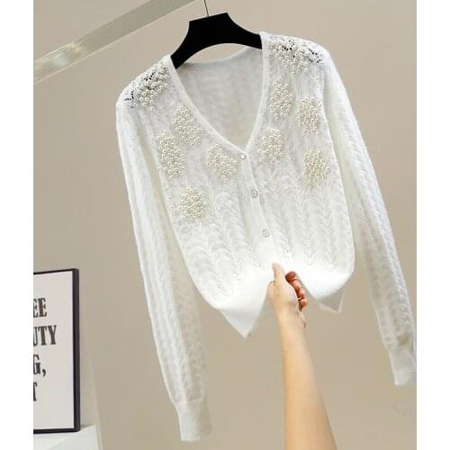 Fashion Womens Cardigan Pearl Beads V-neck Single Breasted Hollow Knitted Sweater Coat Pure Color All-Matching Temperament Top