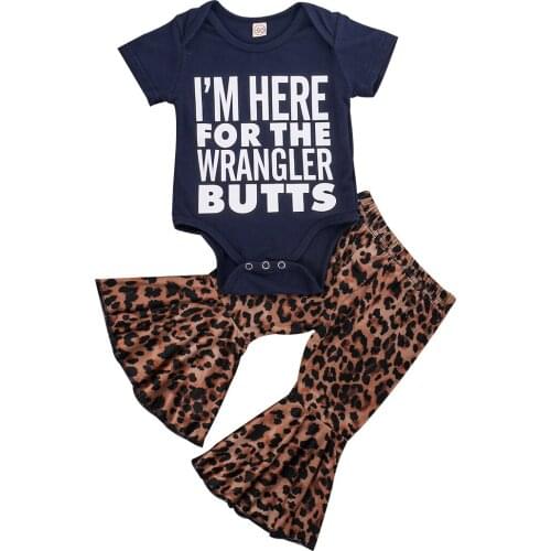 0-3Y Summer Lovely Infant Baby Girls Boys Clothes Sets Letter Leopard Print Short Sleeve Romper Tops+Flare Pants